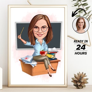 Personalized Female Teacher Cartoon Portrait, Custom Teacher Caricature Drawing from Photo, Funny Teacher Caricature, Gift for Teacher