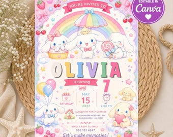 Kawaii Cloud Bunny Birthday Party Invitation, Editable Pastel Rainbow Sweetheart Invite, Digital Download for 7th Birthday Girl