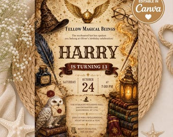 Wizard Birthday Invitation, Editable Magic Party Invite, Wizarding World Birthday, Owl Invitation, Vintage Magic School Invite, Digital