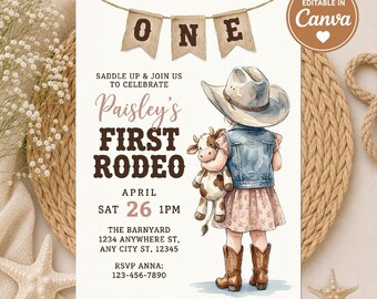 First Rodeo Birthday Invitation Girl, Cowgirl 1st Birthday Invite, Western Birthday Party, Editable Template, Pink Brown Cowgirl Theme