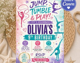 Gymnastics Birthday Invitation, Tumble and Play Party Invite, Girl Tumbling Invitation, Editable Gymnast Birthday Template, Purple & Pink