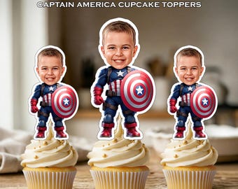 Captain America Personalized Face Cupcake Toppers - Custom Birthday Party Decor (Digital Printable Download)