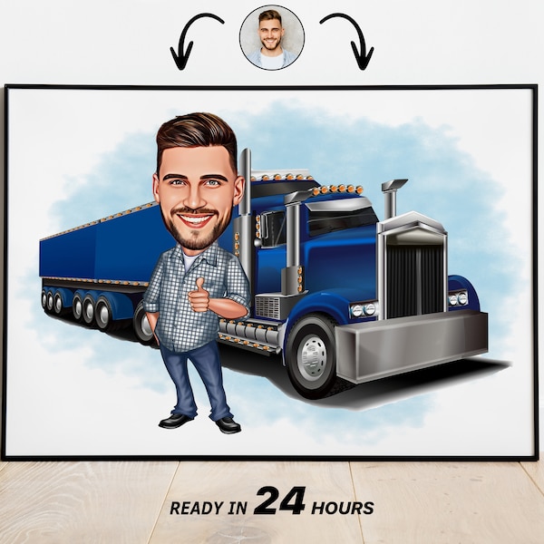 Personalized Truck Driver Cartoon Portrait, Custom Truck Driver Caricature Drawing from Photo, Funny Truck Driver, Gift for Truck Driver