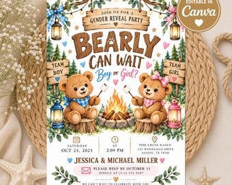 Bearly Can Wait Gender Reveal Invitation, Woodland Teddy Bear Gender Reveal Invite, Camping Theme Boy or Girl Party, Editable Template