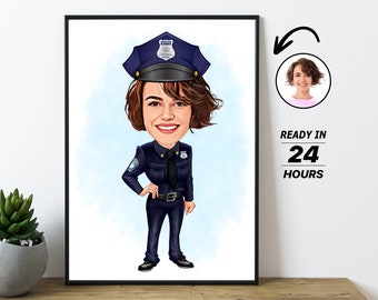 Puede incluir: Una ilustración de dibujos animados de un policía con cabello castaño que lleva un uniforme azul y un sombrero azul con una insignia que dice "NYPD". La ilustración está en un marco blanco con un fondo azul. El texto "READY IN 24 HOURS" está debajo de la ilustración.