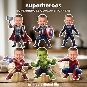 May include: Superhero cupcake toppers with a child's face as Thor, Captain America, Black Panther, Iron Man, Hulk, and Spider-Man. The toppers are on cupcakes. The image has the text "superheroes" and "SUPERHEROES CUPCAKE TOPPERS" at the top, and "printable digital file" at the bottom.