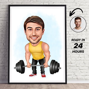 Personalized Fitness Cartoon Portrait, Custom Weightlifter Caricature Drawing from Photo, Funny Fitness Caricature, Gift for Weightlifter