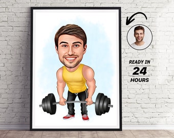 Ritratto di cartone animato di fitness personalizzato, disegno di caricatura di sollevatore di pesi personalizzato da foto, caricatura di fitness divertente, regalo per sollevatore di pesi