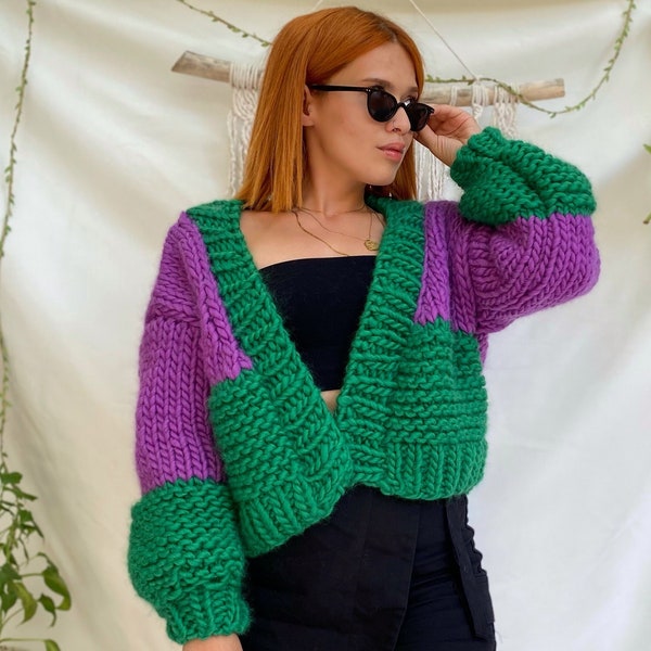 Chunky Cardigan, Pure Merino Wool Cardigan Woman, Crochet Jacket, Hand Knit Purple Mint Green Sweater, Oversized Sweater, Women's Clothing