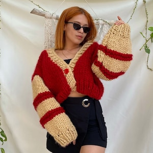 Hand Knit Crochet Cardigan, Puffy Trendy Cardigan, Hand Knit Beige and Red Crop Jacket, Trendy Women&#39;s Clothing, Unique Design Warm and Cozy