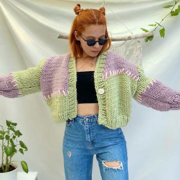 Chunky Cardigan, Pure Merino Wool Cardigan Woman, Crochet Jacket, Hand Knit Lilac Mint Green Sweater, Oversized Sweater, Women's Clothing