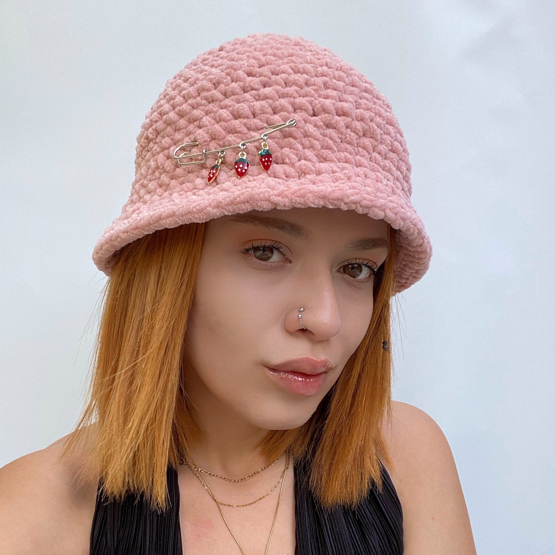 Pink Strawberry Bucket Hat Crochet Bucket Hat Knitted Bucket Etsy