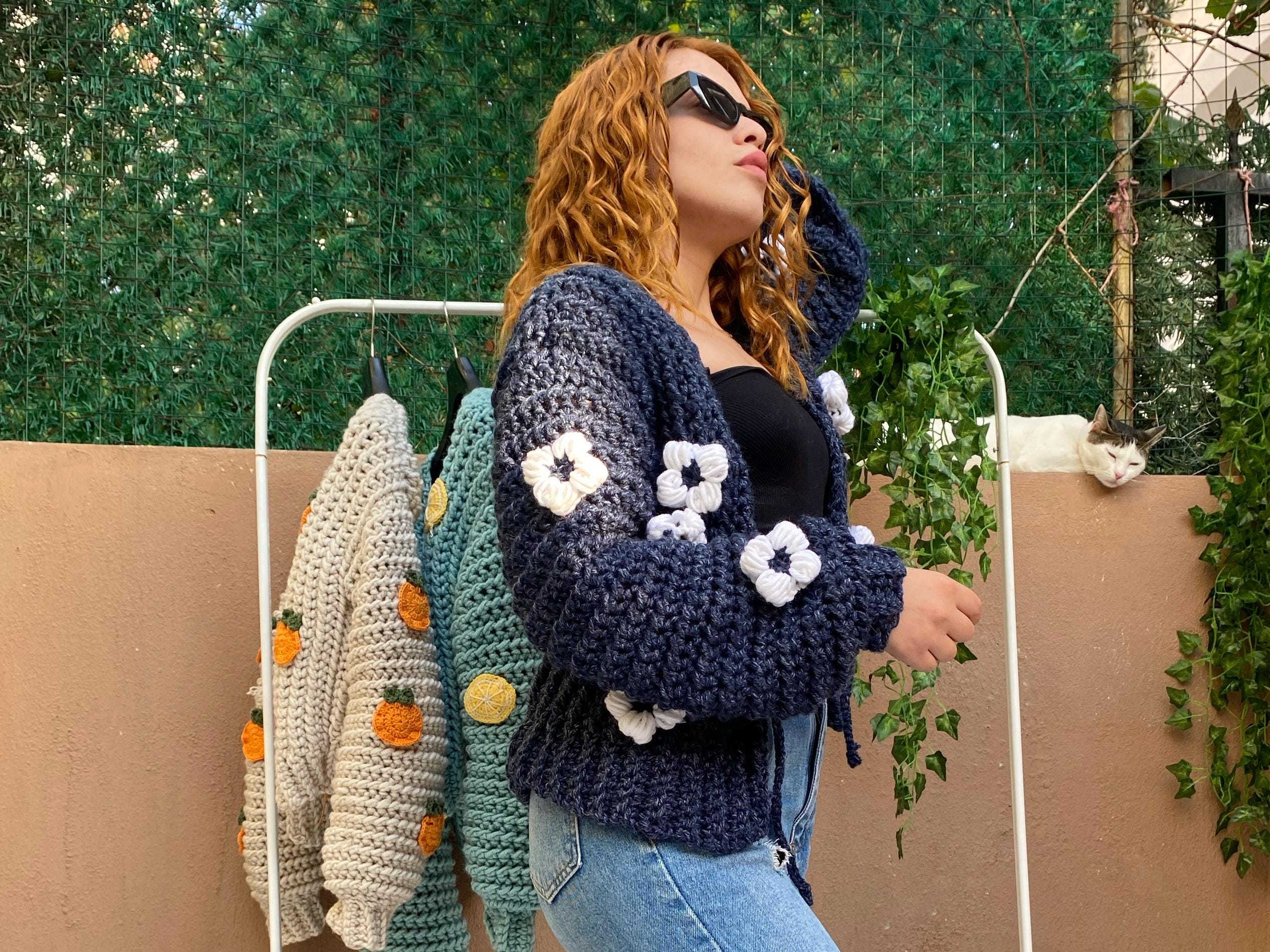 Daisy Knit Cardigan, Flower Crochet Cardigan, Hand Knitted, Flower