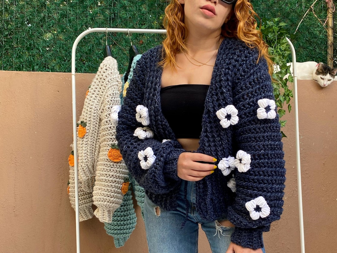 Daisy Knit Cardigan, Flower Crochet Cardigan, Hand Knitted, Flower
