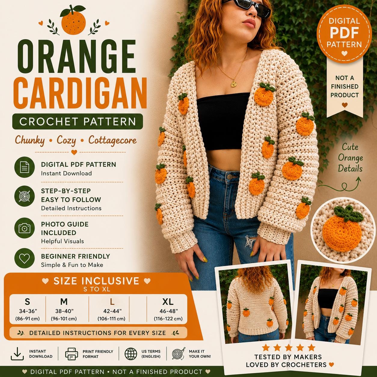 Chunky Orange Cardigan Crochet Pattern, Cottagecore Sweater PDF
