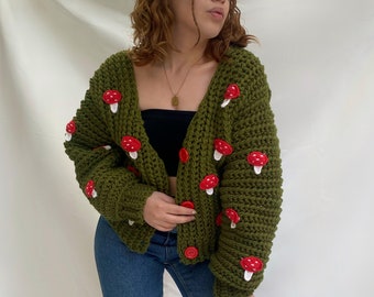 Mushroom Knit Cardigan, Chunky Mushroom Cardigan, Hand Knitted Mushroom Cardigan, Blue Cloud Oversized Sweater, Women's Clothing, Unique