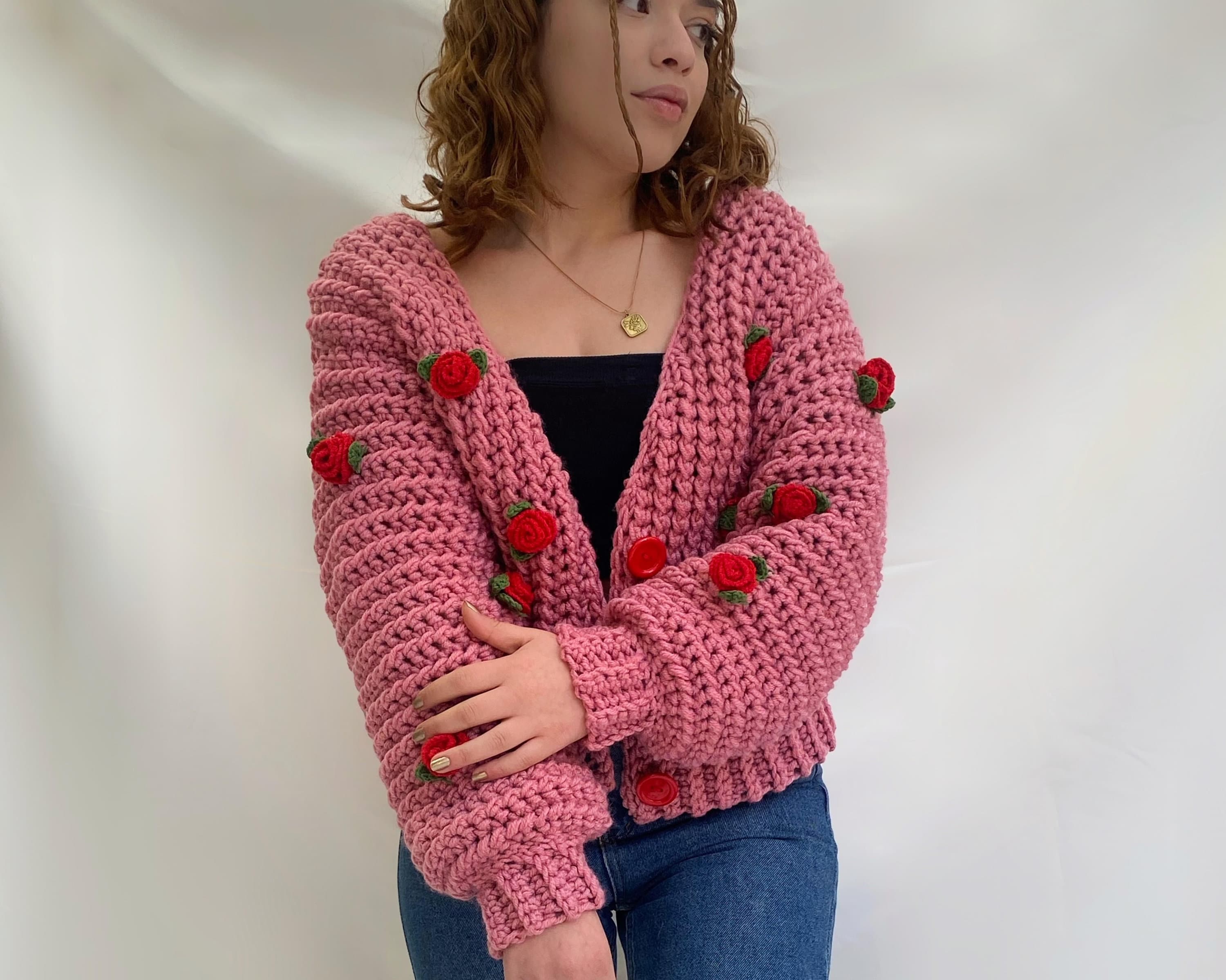 Red Roses Cardigan, Flower Knit Cardigan, Chunky Pink Cardigan