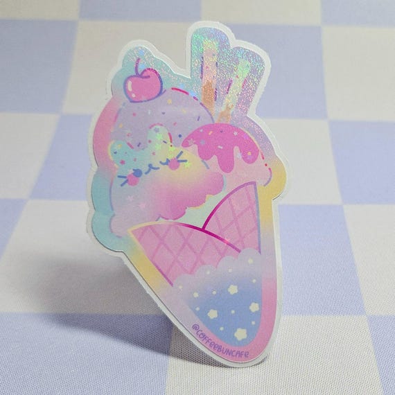 Rainbow Sherbet Bunny Ice Cream Cone Soft Serve Pastel Holo