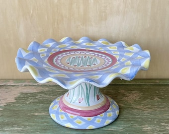 Vintage 90s MacKenzie Childs Pedestal Cake Plate Aalsmeer Pattern Fluted Rim Tulips 12.25"