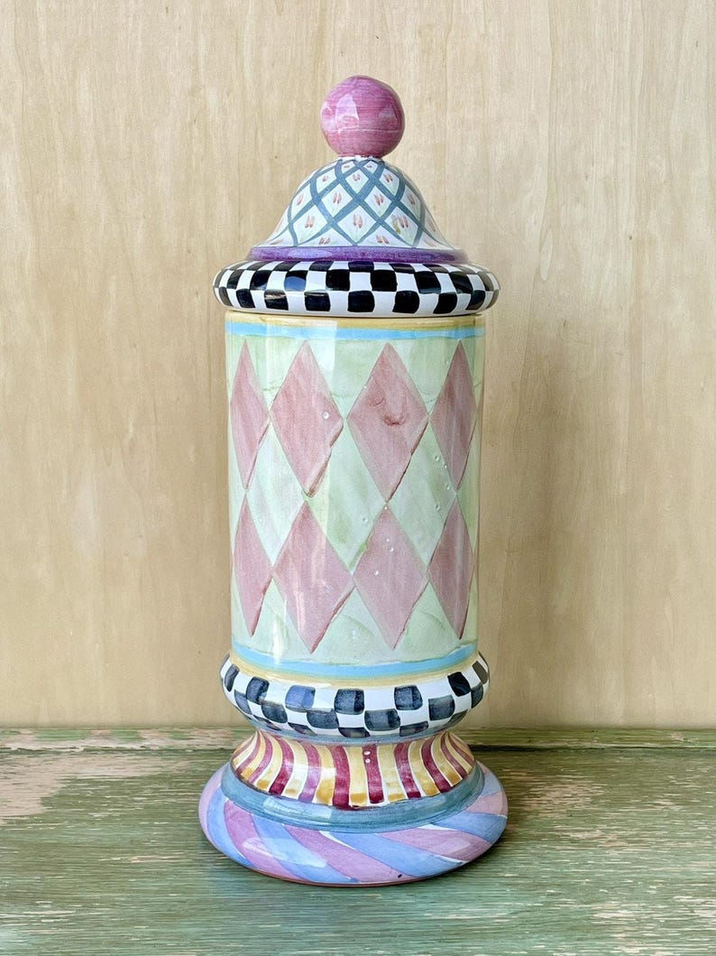 Vintage 90s MacKenzie-Childs Large Column Canister & Lid Odd Fellows Collection 17" Original Victoria and Richard image 2