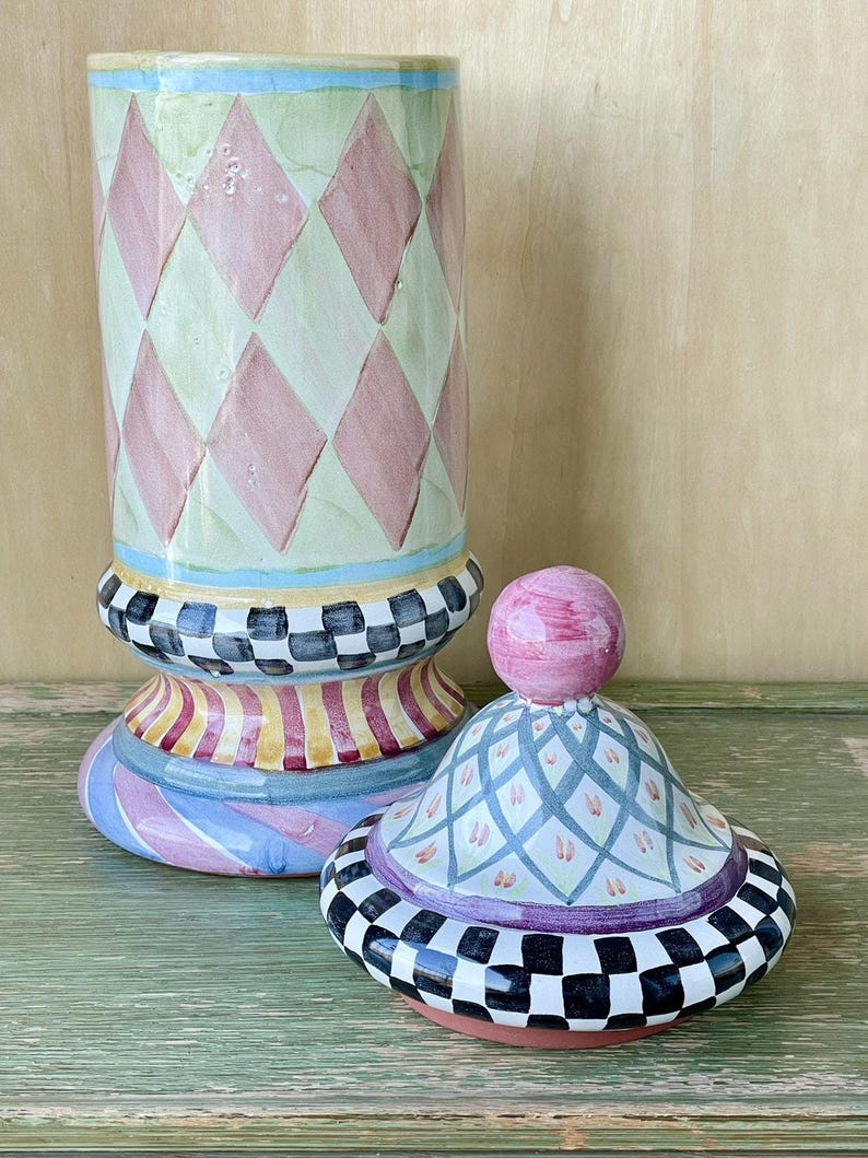 Vintage 90s MacKenzie-Childs Large Column Canister & Lid Odd Fellows Collection 17" Original Victoria and Richard image 3