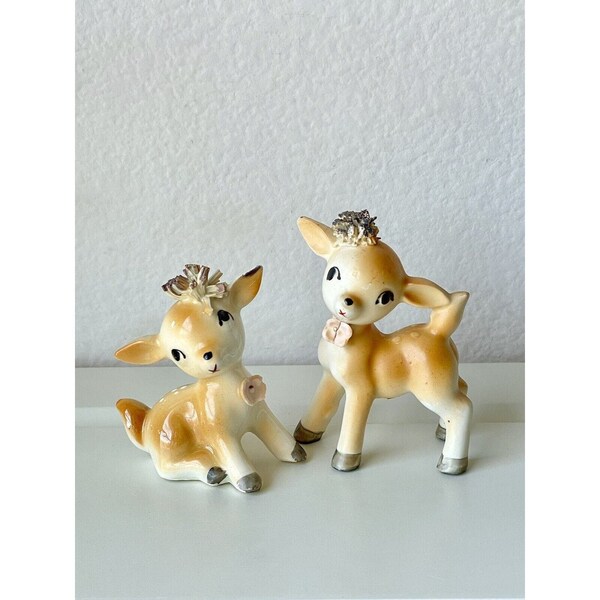 Vintage Anthropomorphic Ceramic Deer/Fawn Salt and Pepper Shakers w/Spaghetti Trim Made in Japan MCM Kitsch