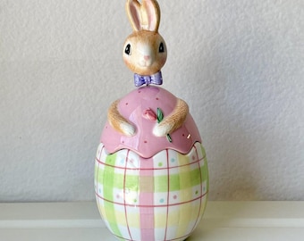 Fitz and Floyd "A Good Egg" Bobblehead/Nodder Easter Bunny Lidded Box Pink Plaid