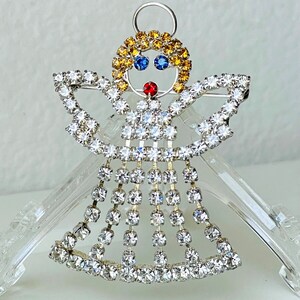 Vintage Christmas Rhinestone Angel Brooch/Pin Silver Tone Holiday Costume Jewelry 2&quot;