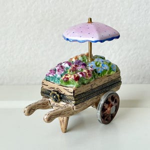 Limoges France Peint Main Rochard Flower Cart Porcelain Trinket Box w/Pink Umbrella Signed 3&quot;