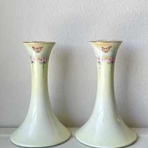 Antique Pair of T&V (Tressemanes Vogt) Limoges France Porcelain Candlesticks Hand Painted Pink Cabbage Roses Butterflies Gilding 7&quot;