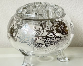 Vintage Viking Glass "Crystal" Clear Glass Flowerlite Bowl w/Silver Overlay & Flower Frog 4.5"