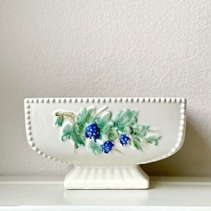 Vintage 1962 McCoy Art Pottery Antique Curio Line Matte White Pedestal Planter Grapes & Leaves Design