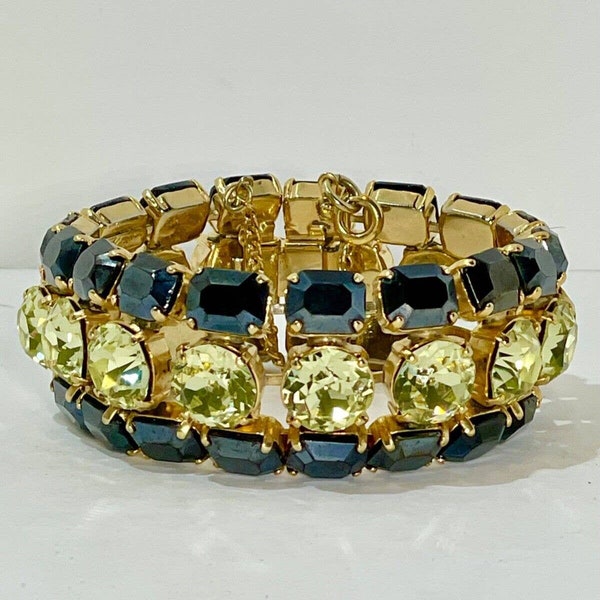 Vintage Elsa Schiaparelli Large Bracelet Gold Tone Three Rows Yellow/Jet Rhinestones