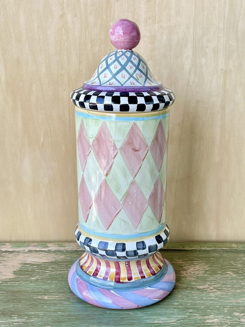 Vintage 90s MacKenzie-Childs Large Column Canister & Lid Odd Fellows Collection 17" Original Victoria and Richard image 1
