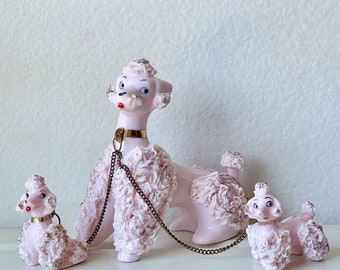 Vintage MCM Lefton Porcelain Pink Spaghetti Noodle Poodle w/Leashed Puppies Made in Japan