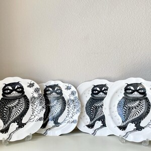 Anthropologie Set of 4 Florence Balducci "Wild Masquerade" Owl Canape/Dessert Plates Black & White image 5