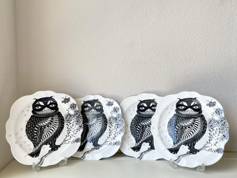 Anthropologie Set of 4 Florence Balducci "Wild Masquerade" Owl Canape/Dessert Plates Black & White image 5
