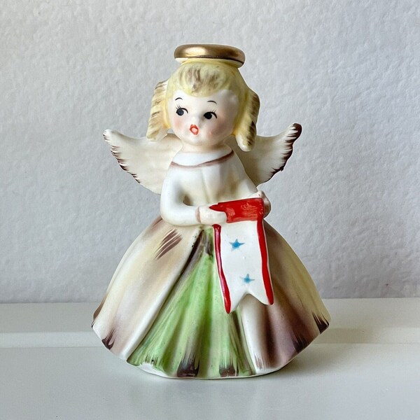 Vintage Inarco Japan July Birthday Angel Figurine 4th of July w/Banner E-1187 4"