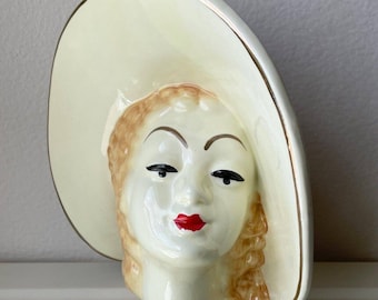 Vintage Ceramic Lady Head Vase Art Deco Style Blonde Curls w/Gilded Wide Brimmed Hat 8.25"