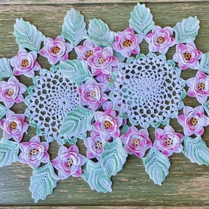 Vintage Set of 2 Hand Crocheted Irish Rose and Leaves Doilies 3D Shades of Pink Flowers 12.5"