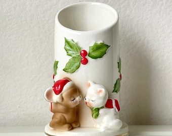 Vtg MCM Japan Weihnachten Streichholzhalter Kätzchen & Maus Urlaub Kitschig Dekor