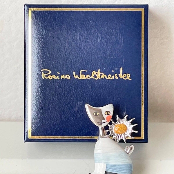 Goebel x Rosina Wachtmeister Porcelain Cat Brooch/Pin Silver Tone & Blue w/Original Box