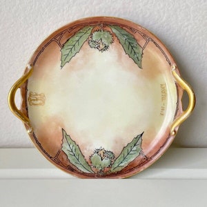 Antique c. 1913 GDA France Blank Small Two Handled Porcelain Dish/Plate Hand Painted Botanical Design 6&quot;
