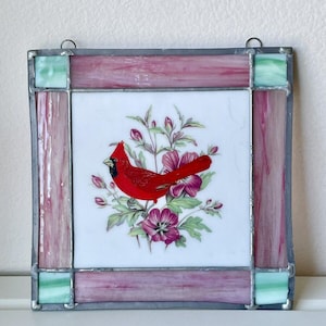 Stained Glass Window Panel/Suncatcher w/Hand Painted Cardinal & Floral Scene
