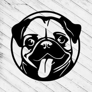 May include: Black pug dog face in a circular frame. The dog's tongue is sticking out. The image is a graphic design, possibly for a wall hanging or sticker. The background is a light wood grain.
