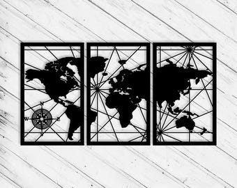 Mapa del mundo para pared: Juego de 3 paneles, archivo cortado con láser (descarga digital)