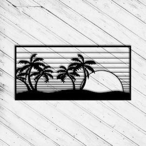 May include: Black silhouette of a tropical beach scene. Palm trees and a setting sun are set against a background of horizontal lines. The artwork is framed in a black rectangle.