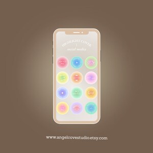 May include: A smartphone screen displaying a set of 16 colorful highlight covers for social media. The covers feature various phrases and designs, including "Save the Date", "New Post", and "Love". The text "HIGHLIGHT COVER | social media" appears at the top of the screen.
