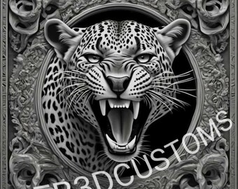 May include: A black and white image of a snarling leopard's face in a detailed, ornate, silver frame. The frame has a floral design and the text "EB3DCUSTOMS" is visible in the bottom right corner.