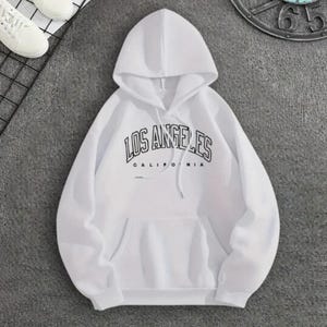 Los Angeles Graphic Hoodie, Urban Streetwear Pullover, Women’s Casual Long Sleeve Sweatshirt, LA Letter Print Trendy Drawstring Hoodies